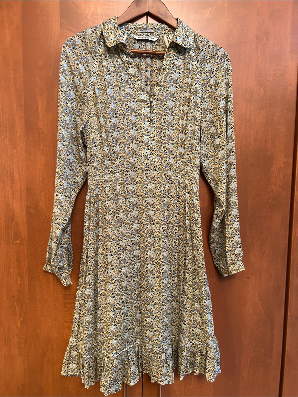 Scotch & Soda Amsterdam blue, teal, tan & yellow Floral smocked ruffle hem dress